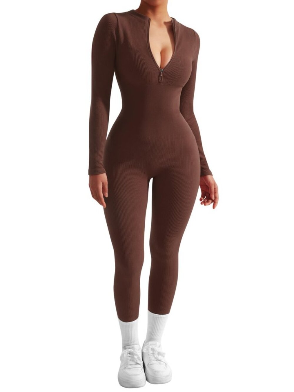 Women Long Sleeve Ribbed Jumpsuit Zip up Front Workout Bodycon Romper